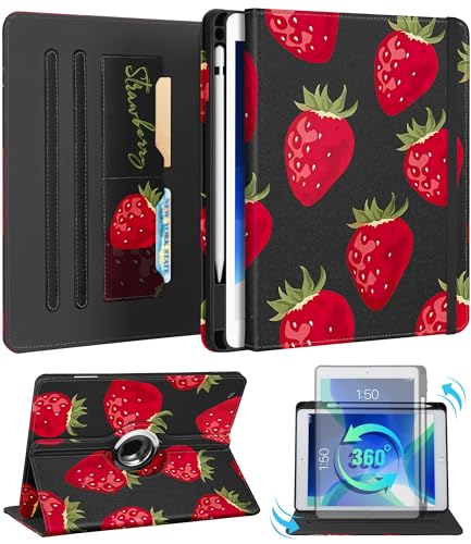 Kidcube Schutzhülle für iPad 9. / 8. / 7. Generation, 25,7 cm (10,2 Zoll), niedlicher drehbarer Ständer, Folio-Hülle mit Stifthalter und Kartenschlitz, Kawaii-Erdbeere, einzigartiges Design von Kidcube