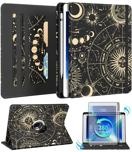 Kidcube Schutzhülle für iPad 9. / 8. / 7. Generation, 25,7 cm (10,2 Zoll), niedlicher drehbarer Ständer, Folio-Hülle mit Stifthalter und Kartenschlitz, Sonne, Mond, Sterne, Teenager, einzigartiges von Kidcube