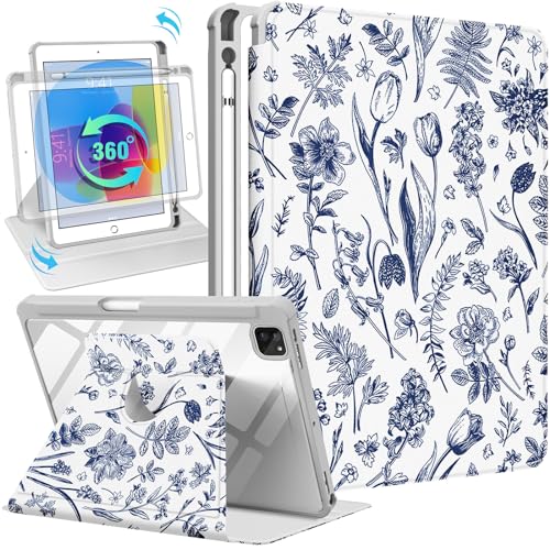 Kidcube Schutzhülle für iPad Air 13 Zoll M3 2025/M2 2024, iPad Pro 12,9 Hüllen (2022/2021/2020/2018) – Frauen Mädchen Cute Folio Cover mit Stifthalter, Kawaii Girly Blue Floral Design Drehbarer von Kidcube