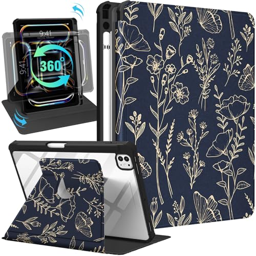 Kidcube Schutzhülle für iPad Pro 13 Zoll M4 2024 – für Frauen und Mädchen, niedliches Folio-Cover mit Stifthalter, Mädchen, goldfarbenes Blumen-Design, drehbarer Ständer, Teenager, für iPad Pro 13 von Kidcube