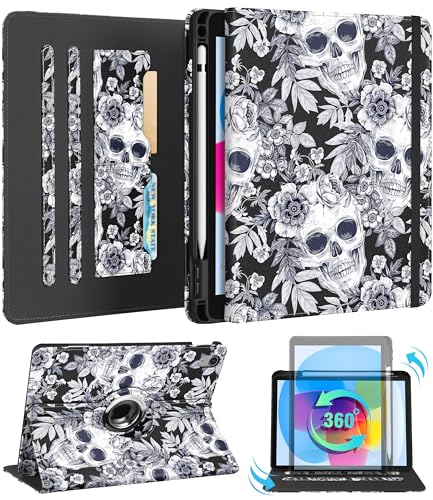 Kidcube Schutzhülle für iPad der 10. Generation 2022 (10,9 Zoll) 2022 – für Damen und Mädchen, niedlich, drehbar, mit Stifthalter und Kartenschlitz, Blumen, Gothic-Totenkopf, einzigartiges Design für von Kidcube