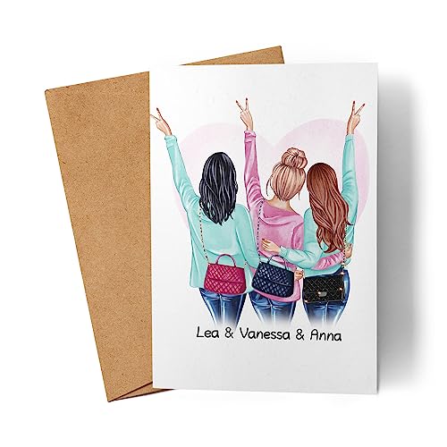 Kiddle-Design 3 Beste Freundinnen Karte Geburtstagskarte | Geschenk Beste Freundin mit Namen | Freundinnen-Bild zum Geburtstag Freundschaft Personalisiert von Kiddle-Design