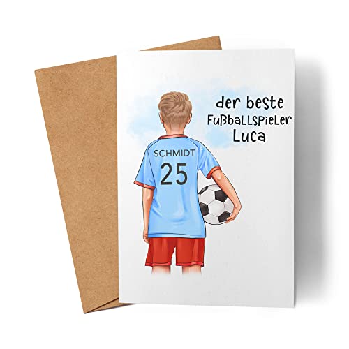 Kiddle-Design Fussball Karte Personalisiert mit Namen Fußball Personalisiert Fanartikel Kinder Jungs Mädchen Fußballfan Grußkarte Faltkarte Geburtstagskarte von Kiddle-Design