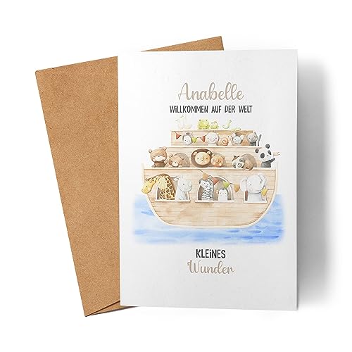 Kiddle-Design Glückwunschkarte Geburt Arche Noah Karte zur Geburt Junge Mädchen Babykarte Personalisiert mit Name Baby Geburtskarte Sprüche von Kiddle-Design