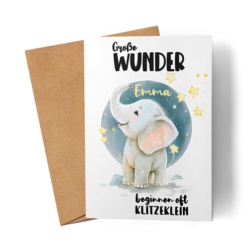 Kiddle-Design Glückwunschkarte Geburt Elefant Karte zur Geburt Junge Mädchen Babykarte Personalisiert mit Name Geburtskarte Baby Sprüche von Kiddle-Design