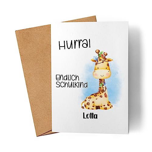 Kiddle-Design Hurra Endlich Schulkind Einschulungskarte Personalisiertes Karte zum Schulanfang Junge Mädchen Einschulungsgeschenk Erster Schultag Giraffe von Kiddle-Design