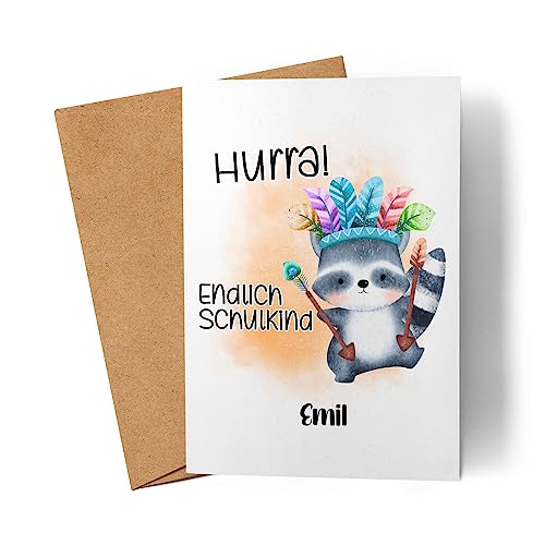 Kiddle-Design Hurra Endlich Schulkind Einschulungskarte Personalisiertes Karte zum Schulanfang Junge Mädchen Einschulungsgeschenk Erster Schultag Waschbär von Kiddle-Design