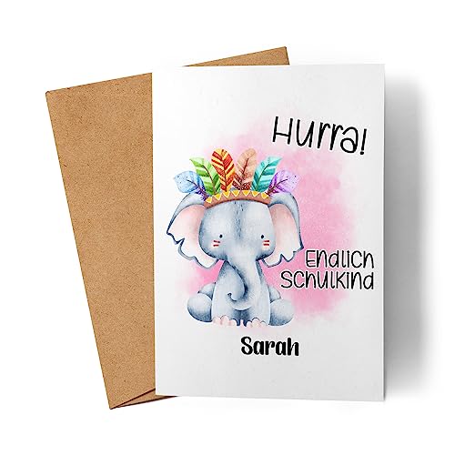 Kiddle-Design Hurra Endlich Schulkind Einschulungskarte Personalisiertes Karte zum Schulanfang Mädchen Einschulungsgeschenk Erster Schultag Elefant von Kiddle-Design