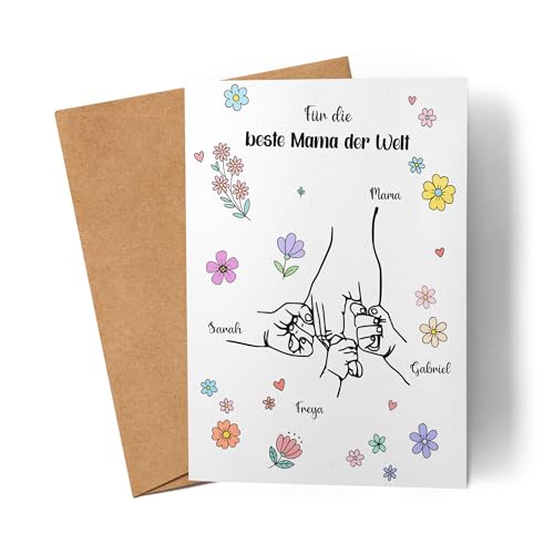 Kiddle-Design Mama Karte Personalisiert mit Namen Hand in Hand Blumen Geburtstagskarte Mutter Muttertag, Muttertagskarte mit Kindern Handmotiv - Faltkarte inkl. Umschlag - 3 Kinder Kiddle-Design Mama Karte Personalisiert mit Namen Hand in Hand Blumen Geburtstagskarte Mutter Muttertag, Muttertagskarte mit Kindern Handmotiv - Faltkarte inkl. Umschlag - 3 Kinder von Kiddle-Design