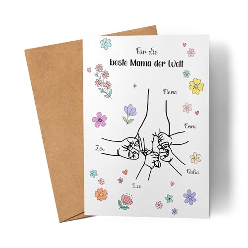 Kiddle-Design Mama Karte Personalisiert mit Namen Hand in Hand Blumen Geburtstagskarte Mutter Muttertag, Muttertagskarte mit Kindern Handmotiv - Faltkarte inkl. Umschlag - 4 Kinder Kiddle-Design Mama Karte Personalisiert mit Namen Hand in Hand Blumen Geburtstagskarte Mutter Muttertag, Muttertagskarte mit Kindern Handmotiv - Faltkarte inkl. Umschlag - 4 Kinder von Kiddle-Design