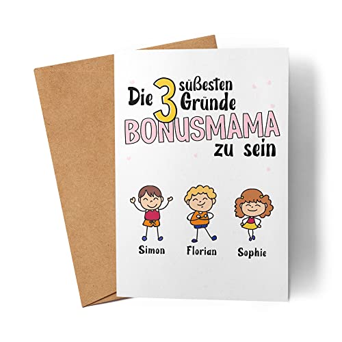 Kiddle-Design Muttertag Karte 3 Gründe Bonus Mama zu sein Muttertagskarte Spruch Geschenk von Kindern für Mutter Stiefmutter Stiefmama Geburtstag von Kiddle-Design