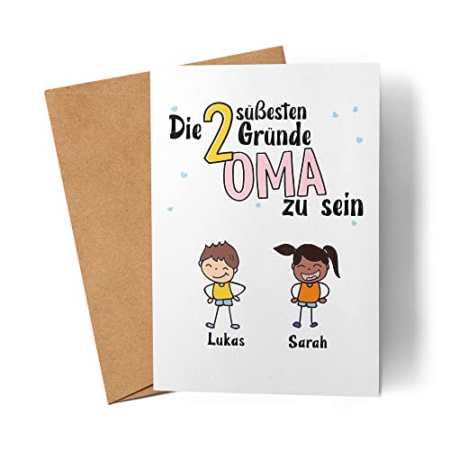 Kiddle-Design Oma Karte Geburtstag Personalisiert für Oma Enkel Enkelin Baby Geschenk Kinder Oma Geschenk Muttertag Geburtstsagskarte 2 Kinder von Kiddle-Design