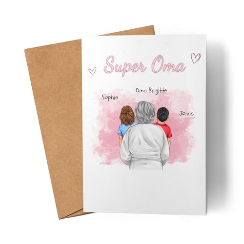 Kiddle-Design Oma Karte personalisiert 2 Enkelkinder Muttertag Geschenk Geburtstagskarte - Geschenk Omi mit Enkeltochter Enkelsohn - Beste Oma der Welt von Kiddle-Design