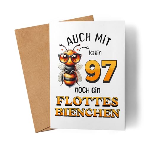 Kiddle-Design Personalisierte Geburtstagskarte 97. Geburtstag - Flottes Bienchen ist 97-97ter Geburtstag Lustige Karte Frau Frauen - Faltkarte inkl. Umschlag Kiddle-Design Personalisierte Geburtstagskarte 97. Geburtstag - Flottes Bienchen ist 97-97ter Geburtstag Lustige Karte Frau Frauen - Faltkarte inkl. Umschlag von Kiddle-Design