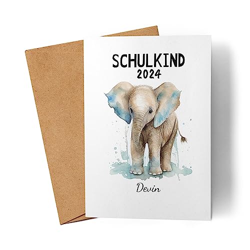 Kiddle-Design Schulkind 2024 Einschulungskarte Personalisierte Karte zum Schulanfang Junge Mädchen Einschulungsgeschenk Erster Schultag Elefant von Kiddle-Design