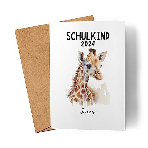 Kiddle-Design Schulkind 2024 Einschulungskarte Personalisierte Karte zum Schulanfang Junge Mädchen Einschulungsgeschenk Erster Schultag Giraffe von Kiddle-Design