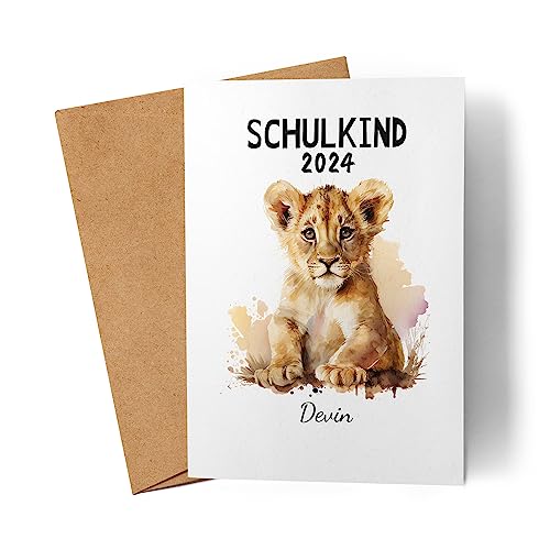 Kiddle-Design Schulkind 2024 Einschulungskarte Personalisierte Karte zum Schulanfang Junge Mädchen Einschulungsgeschenk Erster Schultag Löwe von Kiddle-Design