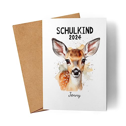 Kiddle-Design Schulkind 2024 Einschulungskarte Personalisierte Karte zum Schulanfang Junge Mädchen Einschulungsgeschenk Erster Schultag Reh von Kiddle-Design