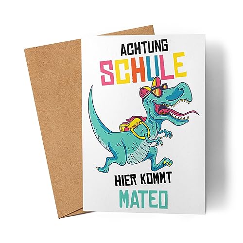 Kiddle-Design Schulkind Karte Junge Dino Dinosaurier Personalisiert Einschulung Schuleinführung Geschenk Einschulungsgeschenk Einschulungskarte von Kiddle-Design