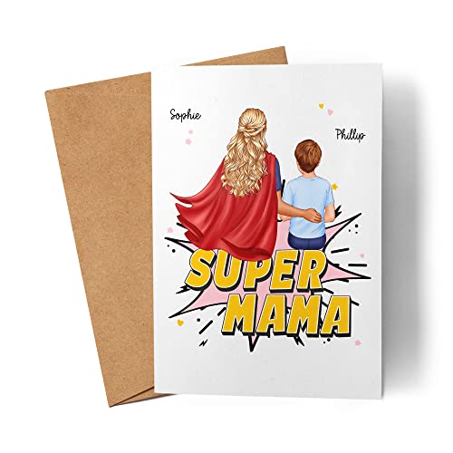 Kiddle-Design Super Mama Personalisierte Muttertagskarte Muttertag Geburtstagskarte Mama Mutter Geburtstag mit Sohn Tochter Kind von Kiddle-Design