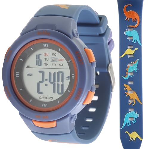 Kiddus Digitaluhr für Mädchen und Jungen. Mit Stoppuhr, Kalender, Wecker und Licht. Wasserbeständig. Beleuchtete LED Sportarmbanduhr für Kinder. Dinos von Kiddus