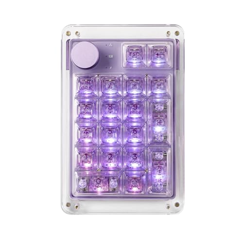 KiiBoom Phantom 21 Hot Swappable Crystal Acrylic Numpad, BT5.0/2.4GHz/USB-C Triple Mode NKRO Programmierbare numerische Tastatur mit Drehknopf, nach Süden gerichtet RGB, 1900mAh Batterie (Lila) von KiiBoom