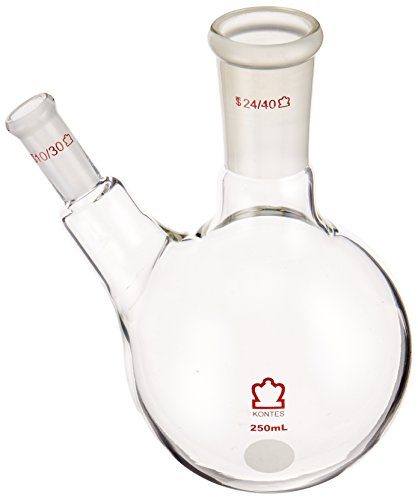 Kimble Chase KIMAX 605020-0610 Destillierflasche aus Borosilikatglas, zweihalsilikatglas, Rundboden, Seitenhals, abgewinkelt, 250 ml Fassungsvermögen von Kimble