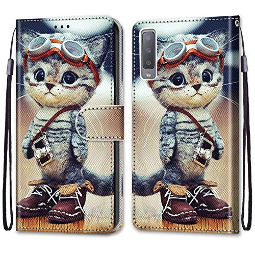 KimsCase für Samsung Galaxy A7 2018 Hülle Leder Silikon Case Magnetisch Kawaii Kickstand Schutzhülle Hüllen Brieftasche Handyhülle Flip Motiv Tier Muster Design Cover von KimsCase