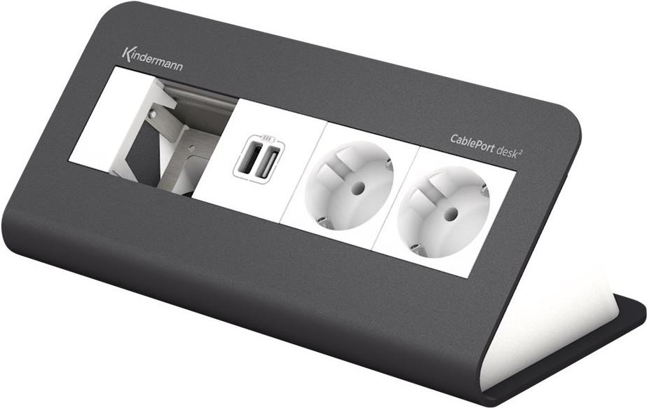 Kindermann CablePort desk² 80 4-fold - Steckdosengehäuse - Oberfläche montierbar - Spannungsversorgung X 2, USB-Ladegerät X 2 - Slate Gray, RAL 7015 (7430000372) von Kindermann