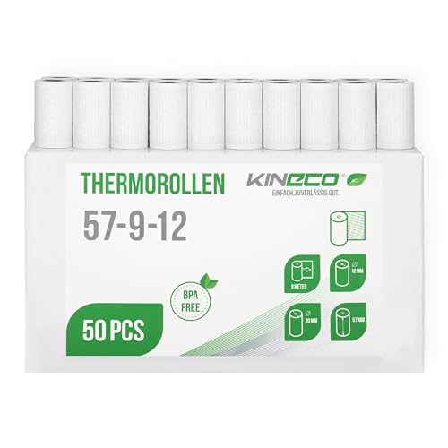 Kineco Ec-Cash Kassenrollen 57mm x 9m x 12mm - Thermorollen, Thermopapier, Bonrollen für Bankomat - Kredit-Kartenlesegeräte (57x30x12) - mit SEPA-Lastschrifttext (50 Rollen) von Kineco