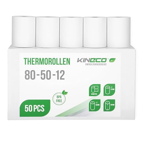 Kineco Kassenrollen 80mm x 50m x 12mm - Thermorollen, Thermopapier, Bonrollen (80x60x12) 50 Rollen von Kineco