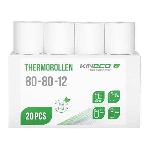 Kineco Kassenrollen 80mm x 80m x 12mm - Thermorollen, Thermopapier, Bonrollen (80x76x12) 20 Rollen von Kineco