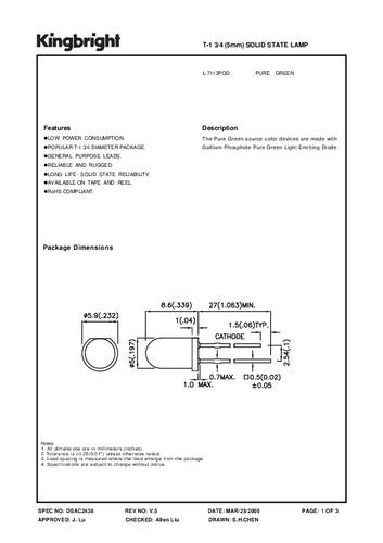 Kingbright LED bedrahtet Grün Rund 5mm 5 mcd 30° 25mA 2.25V von Kingbright