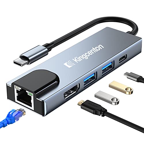 Kingcenton USB C Hub Ethernet Adapter,5 in 1 USB C Multiport Adapter mit HDMI 4K,Ethernet LAN RJ45,2 USB(3.0+2.0),Schnell Ladung PD 87W für MacBook Pro/Air M1, iPad Pro, USB-C Geräte und Mehr von Kingcenton