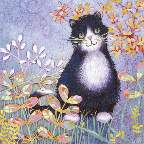 Imaginary Country Scenes Wildlife and Trees with a Story to Tell – Künstlerische Goldfolie gefischte Blanko-Grußkarte von Penny Gaj (lächelnde schwarze Katze) von Kingfisher Cards