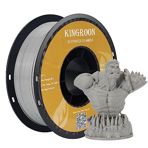Kingroon Filament, Einfarbig Grau 1,75 mm PETG, 3D-Drucker-Filament PETG, Maßgenauigkeit +/- 0,03 mm, 1-kg-Spule (2,2 Pfund), 3D-Druckfilament für 3D-Drucker von Kingroon