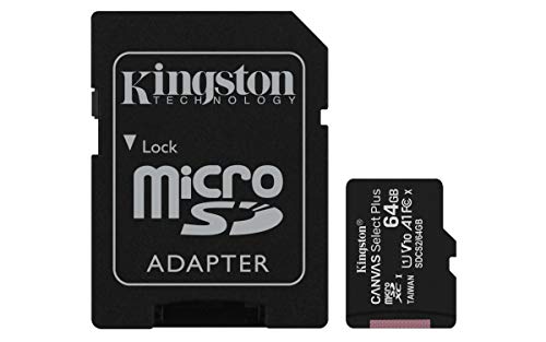 Kingston 64 GB microSDHC Canvas Select Plus 100 MB/s Lesegeschwindigkeit A1 Klasse 10 UHS-I frustfreie Verpackung Speicherkarte + Adapter (SDCS2/64GBET) von Kingston