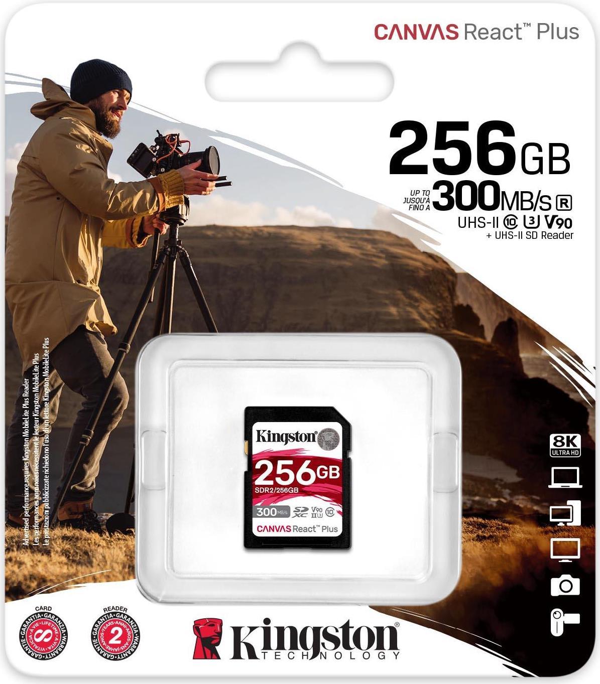 Kingston Canvas React Plus - Flash-Speicherkarte - 256GB - Video Class V90 / UHS-II U3 / Class10 - SDXC UHS-II (SDR2/256GB) von Kingston