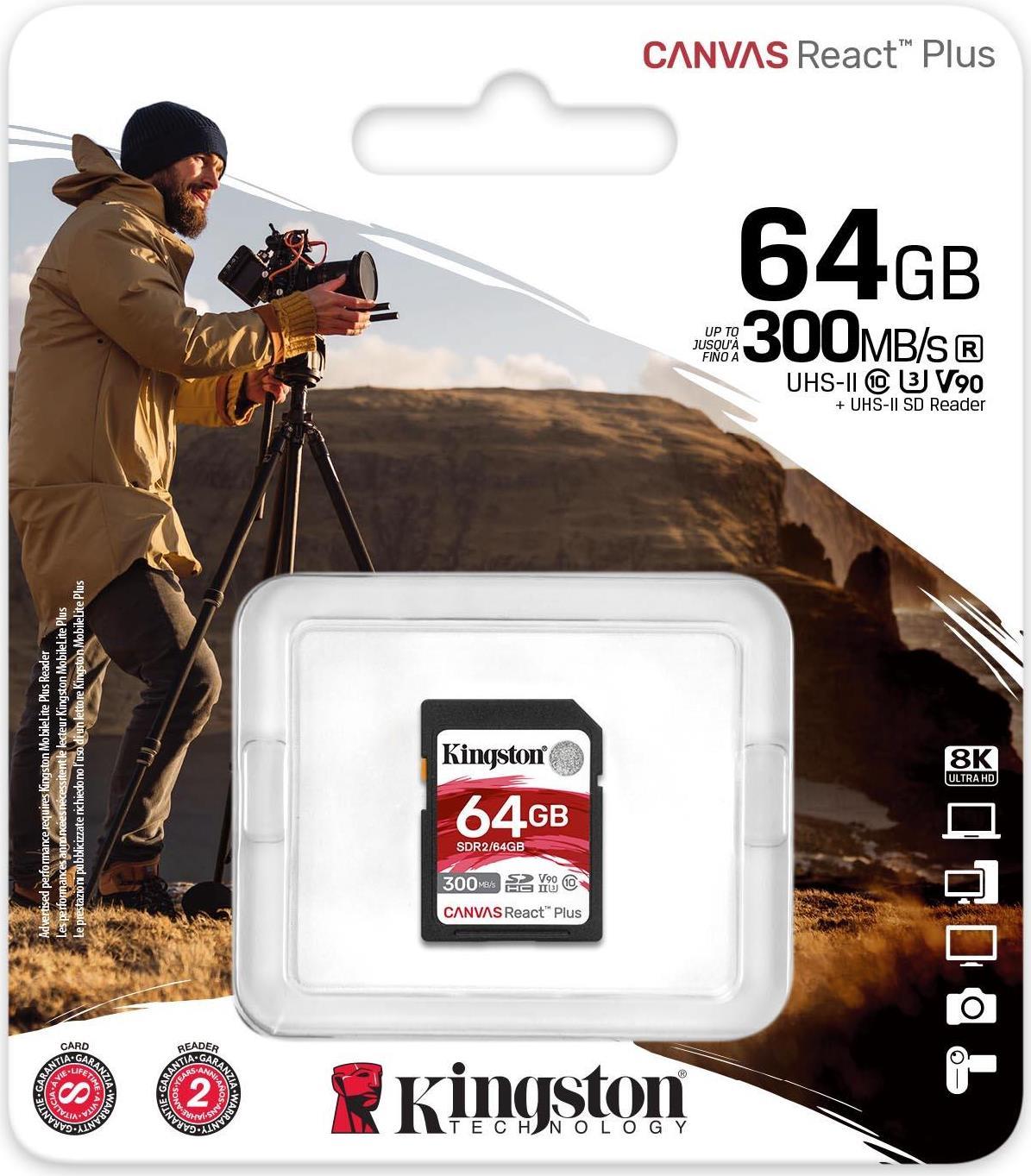 Kingston Canvas React Plus - Flash-Speicherkarte - 64GB - Video Class V90 / UHS-II U3 / Class10 - SDXC UHS-II (SDR2/64GB) von Kingston