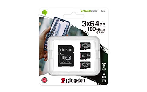 Kingston Canvas Select Plus microSD Speicherkarte, SDCS2/64GB-3P1A Class 10 (3x Karte,inkl. SD Adapter) von Kingston