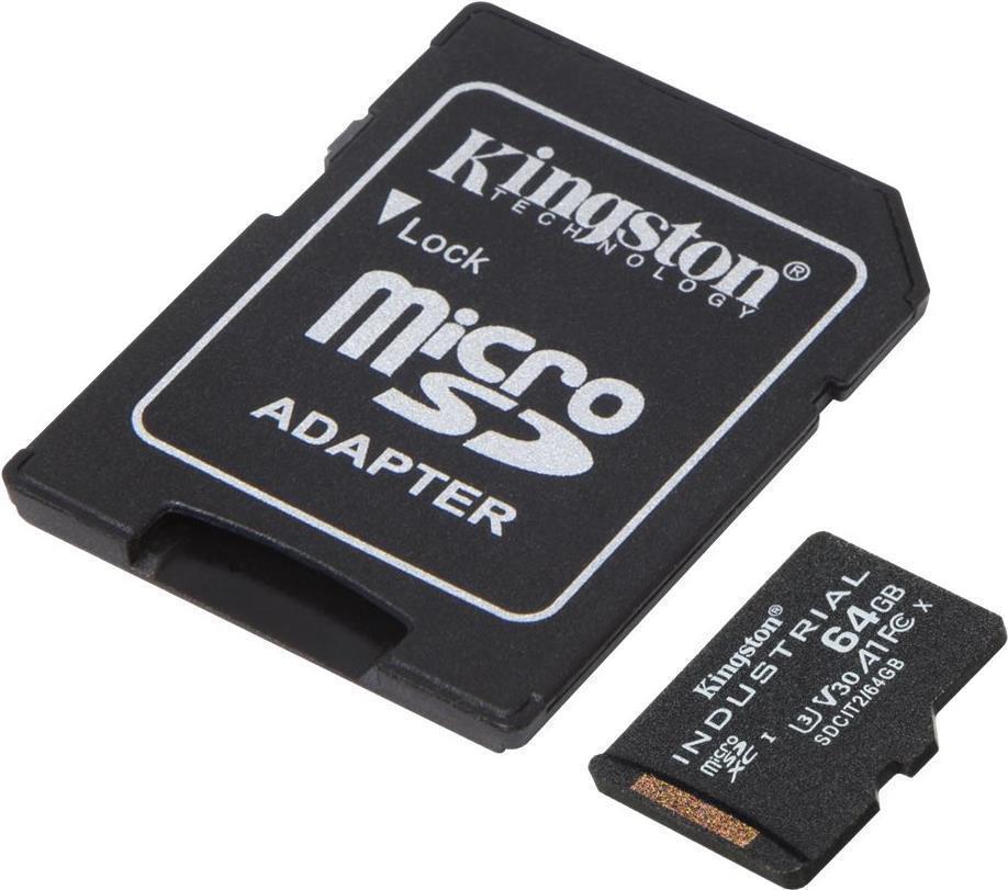 Kingston Industrial - Flash-Speicherkarte (microSDXC-an-SD-Adapter inbegriffen) - 64 GB - A1 / Video Class V30 / UHS-I U3 / Class10 - microSDXC UHS-I von Kingston