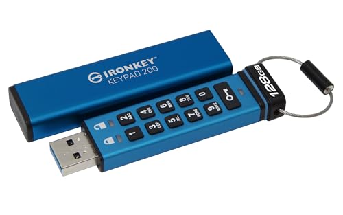 Kingston IronKey Keypad 200 Typ-A Hardware-verschlüsselter USB-Stick FIPS 140-3 Level 3 (ausstehend) mit XTS-AES 256-Bit-Hardware-Verschlüsselung - IKKP200/128GB, blau von Kingston