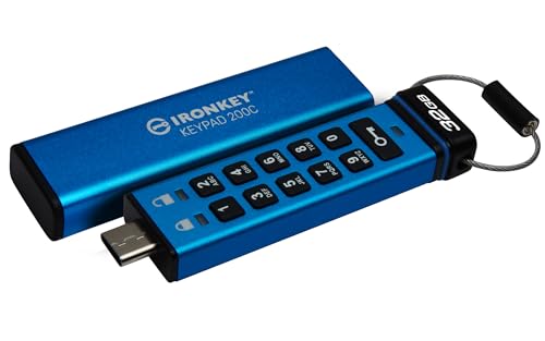 Kingston IronKey Keypad 200C 32GB Verschlüsselter USB | Alphanumerische Tastatur | Multi-Pin-Zugang | XTS-AES 256-bit | FIPS 140-3 Level 3 Zertifiziert (Ausstehend) | IKKP200C/32GB, Blau von Kingston