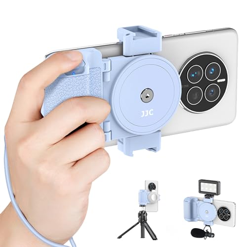 Blau Smartphone Kameragriff mit Zwei Cold Shoe-Halterungen und Abnehmbarer drahtloser Fernbedienung Kompatibel mit iPhone 15 14 13 12 11 XS X XR Android (55-90mm breit), für Selfie Vlog Video von Kiorafoto