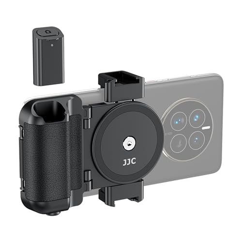 Schwarzer Smartphone Kameragriff mit Zwei Cold Shoe-Halterungen und Abnehmbarer drahtloser Fernbedienung Kompatibel mit iPhone 15 14 13 12 11 XS X XR Android (55-90mm breit), für Selfie Vlog Video von Kiorafoto