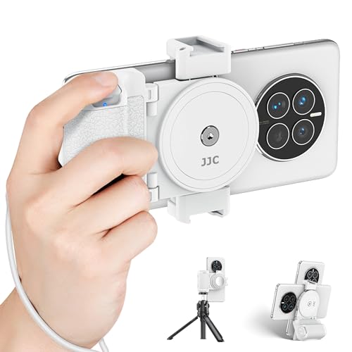 Weiß Smartphone Kameragriff mit Zwei Cold Shoe-Halterungen und Abnehmbarer drahtloser Fernbedienung Kompatibel mit iPhone 15 14 13 12 11 XS X XR Android (55-90mm breit), für Selfie Vlog Video von Kiorafoto