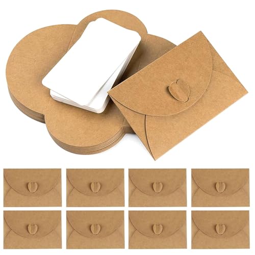 50 Stück Mini Briefumschläge mit Karten, Vintage Kraftpapier Umschläge mit Herz Verschluss, 10.5x7cm Mini Kraftpapier Briefumschläge für Dankeskarten Einladung Geburtstagskarten(COLOR:Braun) von Kisbeibi