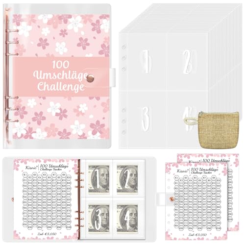 Kisvic Sparbuch für Geld Challenge, 100 Umschläge Challenge Deutsch, A5 Ringbuch Sparen Organizer Geld mit Mini Geldbeutel, Budgetplaner Geld Sparen Mappe für 5050 Euro von Kisvic