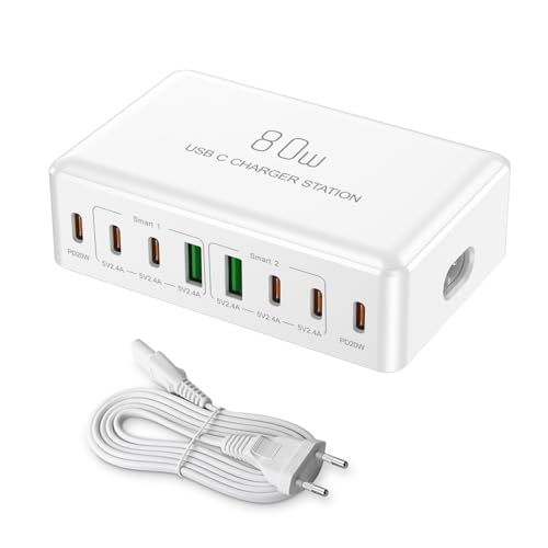 80W USB C Ladegerät Mehrfach USB-C Netzteil Handys Ladestation Multi Charger mit 20W PD Schnellladung 6-Port Typ-C Steckdose Adapter für Samsung Galaxy, iPhone 14/13 Pro Max, iPad usw, Weiß von Kitbox