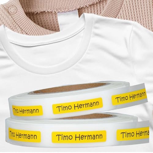 Kiwistar - 100 Namensschilder für Kleidung Rolle 8x1 cm - gelb - Namensaufkleber Kinder Schule zum aufbügeln mit Bügeleisen - Wäscheetiketten zum aufbügeln - Wunschtext waschmaschinenfest von Kiwistar